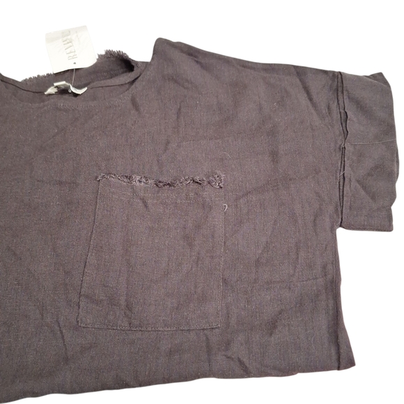 Umgee Brown Linen Blend Womens Cuffed Short Sleeve Top Sz Sm Raw Hem Pocket NEW - Picture 8 of 9